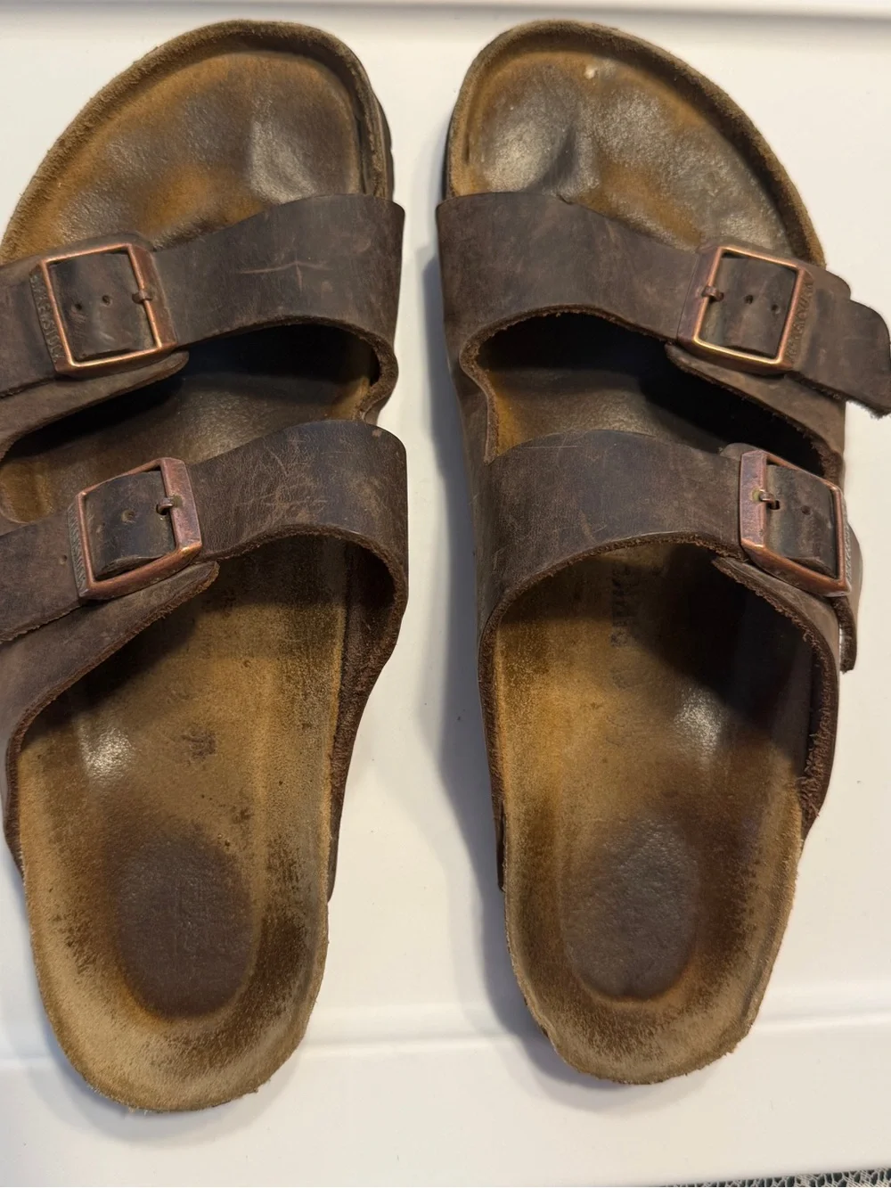 Birkenstock Arizona Men's Brown Leather Double-Buckle Slide Sandals size 46